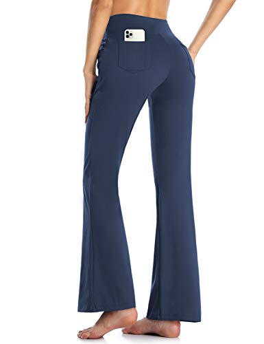 MOVE BEYOND Pantalones de Yoga Bootcut para Mujer con 4 Bolsillos Pantalón Corte de Bota de Cintura Alta para Vestir Pilates Fitness Entrenamiento, Largos, Azul, XL