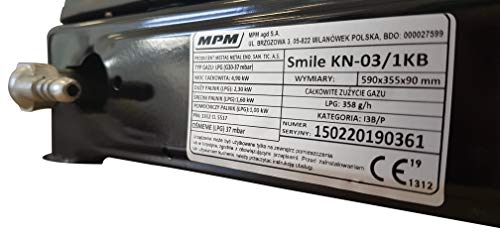 MPM SMILE-KN-03/1KB Smile KN-03/1KB-Cocina de Gas Camping, Hornillo Portátil, 3 Quemadores Ajustables, Tapa Desmontable, Negro, Adultos Unisex