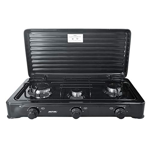 MPM SMILE-KN-03/1KB Smile KN-03/1KB-Cocina de Gas Camping, Hornillo Portátil, 3 Quemadores Ajustables, Tapa Desmontable, Negro, Adultos Unisex