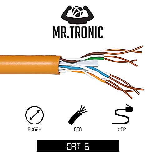 Mr. Tronic 50m Cable de Instalación Red Ethernet Bobina | CAT6, AWG24, CCA, UTP | LAN Gigabit de Alta Velocidad | Conexión a Internet | Ideal para PC, Router, Modem, Switch, TV (50 Metros, Naranja)