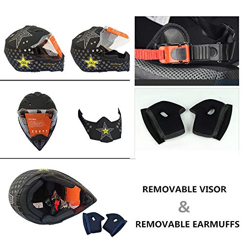 MRDEAR Casco Motocross, Negro/Rockstar, Casco MTB Integral Hombre con Visera Mascarilla Guantes, Adulto Casco Cross Enduro para Descenso Off-Road Scooter Racing Motocicleta Quad Downhill,M