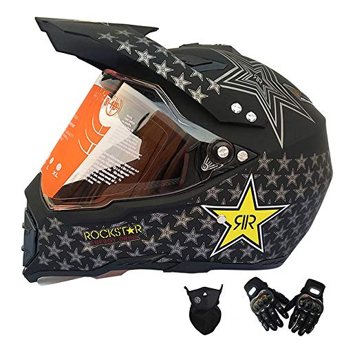 MRDEAR Casco Motocross, Negro/Rockstar, Casco MTB Integral Hombre con Visera Mascarilla Guantes, Adulto Casco Cross Enduro para Descenso Off-Road Scooter Racing Motocicleta Quad Downhill,M