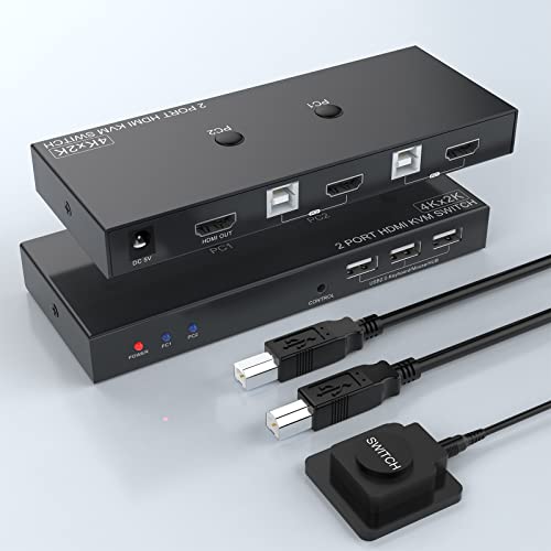 MTAKYI HDMI KVM Switch Caja de 2 puertos, 2 computadoras comparten 1 monitor, 3 concentradores USB 2.0 para mouse, teclado, impresora, soporte UHD 4K @ 60Hz, 3 modos de conmutación (con cable USB × 2)