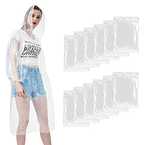 Mture Chubasqueros Desechable, Poncho de Lluvia para Adulto Chubasquero Transparente, Poncho Impermeable con Capucha y Mangas Ideal para Viajes, Picnic, Deportes, Senderismo Ciclismo, 12 Piezas