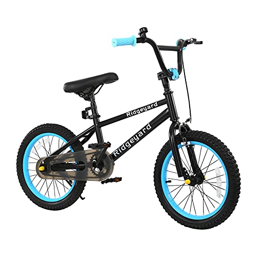 MuGuang - Bicicleta infantil para niñas y niños, BMX de 16 pulgadas, estilo libre, para niños, sin riesgos, 100-120 cm, 2 clavijas, rotor de 360° (azul claro)