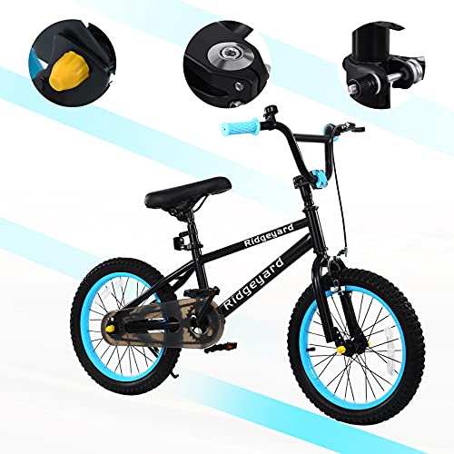 MuGuang - Bicicleta infantil para niñas y niños, BMX de 16 pulgadas, estilo libre, para niños, sin riesgos, 100-120 cm, 2 clavijas, rotor de 360° (azul claro)