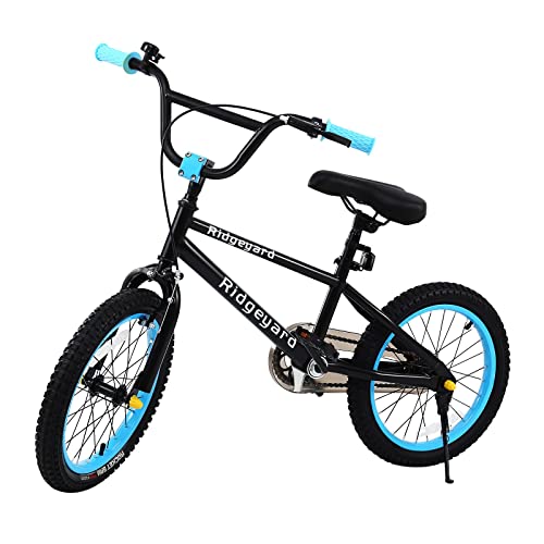 MuGuang - Bicicleta infantil para niñas y niños, BMX de 16 pulgadas, estilo libre, para niños, sin riesgos, 100-120 cm, 2 clavijas, rotor de 360° (azul claro)