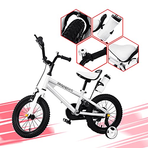 MuGuang Bicicleta para niños, niños, niñas, estilo libre, bicicleta BMX, ruedas de entrenamiento de 14 pulgadas, bicicleta para niños, bicicleta de equilibrio, bicicleta para niños (blanco)