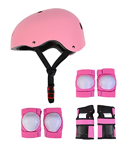 MuGuang - Casco de protección de 7 piezas para BMX Pads Rodilleras de codo con protector de puños para patin, bicicleta, Skateboard, Scooter (S, Rosa)