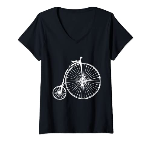 Mujer Bicicleta de rueda grande antigua victoriana Camiseta Cuello V