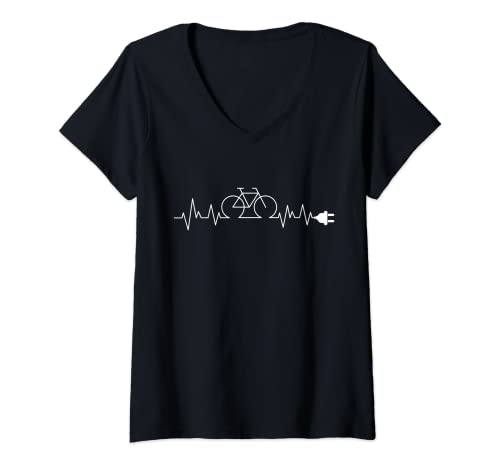 Mujer Bicicleta eléctrica de montaña eléctrica con latido cardíaco Camiseta Cuello V
