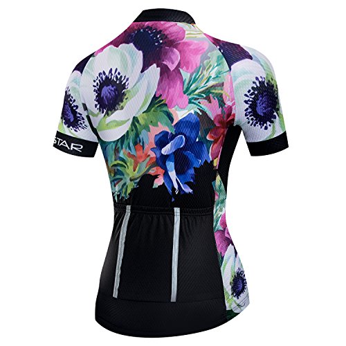 Mujer ciclismo Jersey manga corta transpirable con bolsillos flor, a1, Large