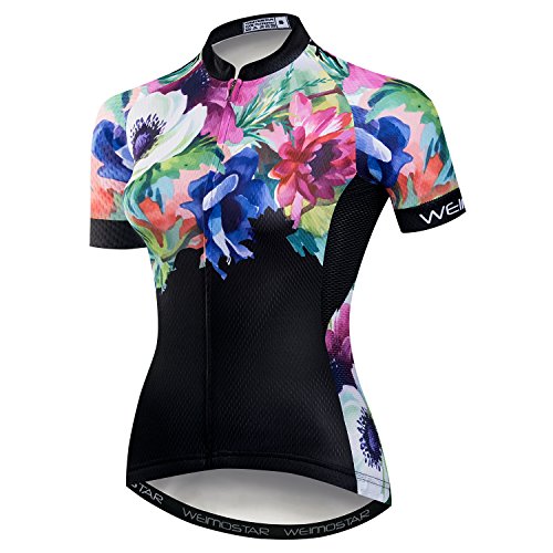 Mujer ciclismo Jersey manga corta transpirable con bolsillos flor, a1, Large