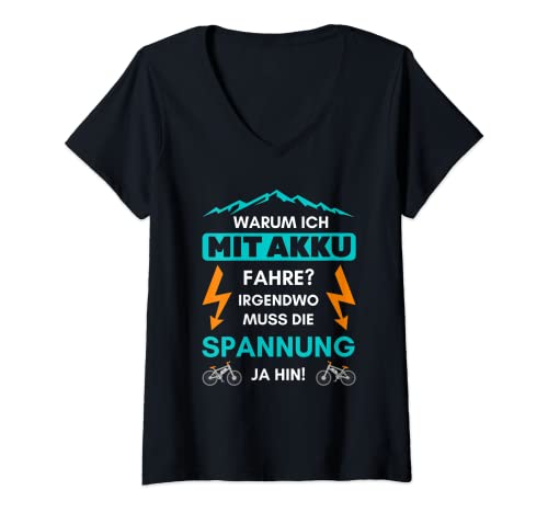 Mujer Divertida bicicleta eléctrica con texto en alemán "Warum ich mit Akku fahre für e-Biker Camiseta Cuello V