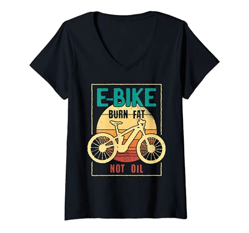 Mujer E-Bike Burn Fat Not Oil Retro Bicicleta ciclista Pedelec MTB Camiseta Cuello V