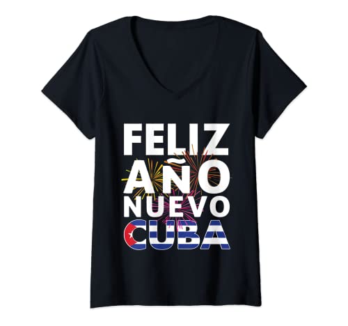 Mujer Feliz Año Nuevo Cuba 2022 con Bandera de Cuba Camiseta Cuello V