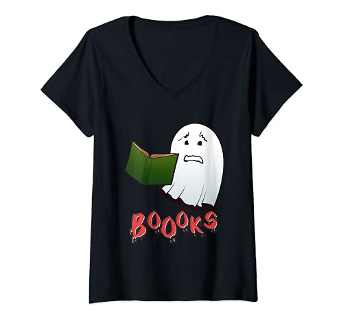 Mujer Ghost Reading Libros bibliotecario Halloween Lector de libros Nerd Camiseta Cuello V