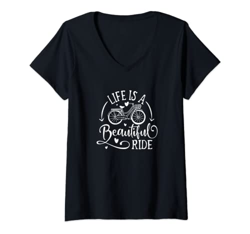 Mujer La vida es una hermosa bicicleta de paseo con corazones de cesta Camiseta Cuello V