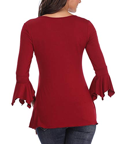 Mujeres Camisas y Blusas para Damas Casuales Tops Mangas 3/4 Campana Moda Acampanado Cuello Redondo Placet Frontal Delantero Botones Fruncidos de Las Señoras Elegantes