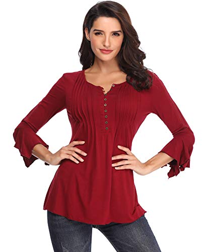 Mujeres Camisas y Blusas para Damas Casuales Tops Mangas 3/4 Campana Moda Acampanado Cuello Redondo Placet Frontal Delantero Botones Fruncidos de Las Señoras Elegantes