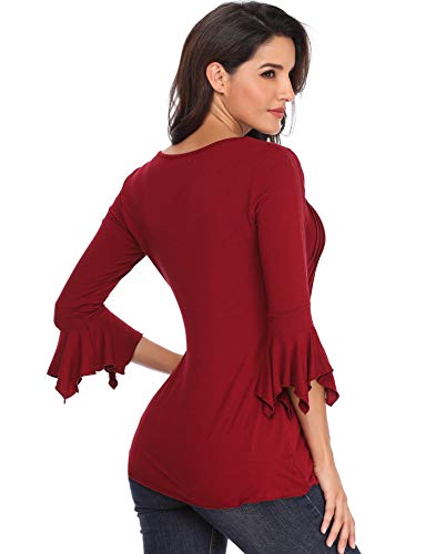 Mujeres Camisas y Blusas para Damas Casuales Tops Mangas 3/4 Campana Moda Acampanado Cuello Redondo Placet Frontal Delantero Botones Fruncidos de Las Señoras Elegantes