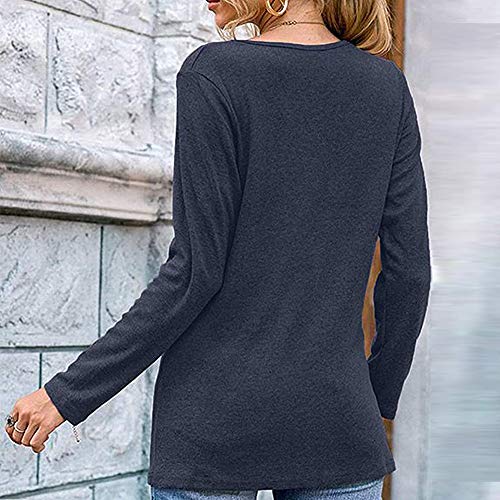 Mujeres Casual Cuello en V Nudo Cruzado pulóver Color sólido Suelta cómoda Camisa Blusa de Manga Larga (Azul, XL)