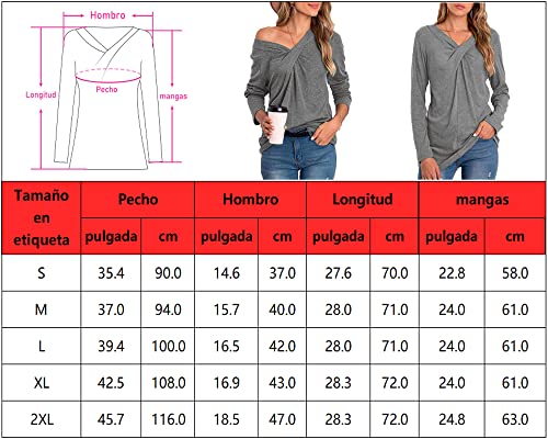 Mujeres Casual Cuello en V Nudo Cruzado pulóver Color sólido Suelta cómoda Camisa Blusa de Manga Larga (Azul, XL)