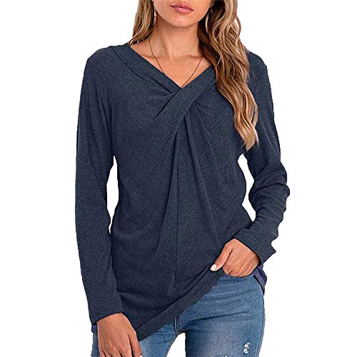 Mujeres Casual Cuello en V Nudo Cruzado pulóver Color sólido Suelta cómoda Camisa Blusa de Manga Larga (Azul, XL)