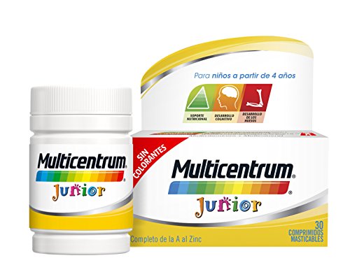 Multicentrum Junior Complemento Alimenticio Multivitaminas con 12 Vitaminas y 4 Minerales, Sin Gluten, Sabor a Fruta, 30 Comprimidos Masticables