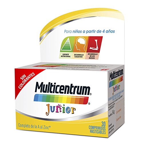 Multicentrum Junior Complemento Alimenticio Multivitaminas con 12 Vitaminas y 4 Minerales, Sin Gluten, Sabor a Fruta, 30 Comprimidos Masticables