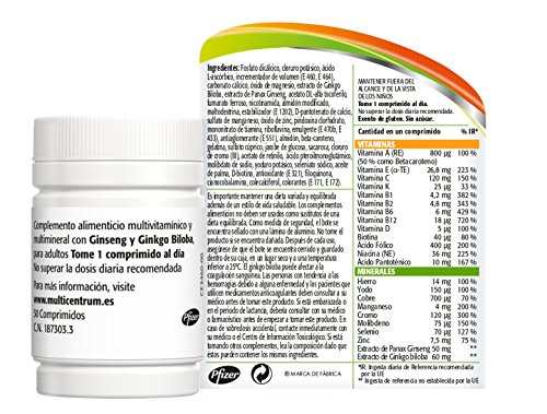 Multicentrum Plus Ginseng & Ginkgo, Complemento Alimenticio Multivitaminas con 13 Vitaminas, 11 Minerales, Ginseng y Ginkgo Biloba, Sin Gluten, 30 Comprimidos