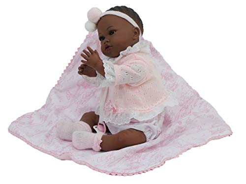 MUÑECA Nines Reborn. Muñeca Reborn con Pelo y rasgos africanos. De 48 cm y 1,9 kg. con Detalles en Boca, Nariz y uñas, simulando un bebé Real. Accesorios incluidos. 100% Fabricado en España