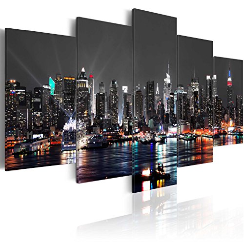 murando Cuadro en Lienzo 200x100 cm New York City Impresión de 5 Piezas Material Tejido no Tejido Impresión Artística Imagen Gráfica Decoracion de Pared - Ciudad Noche Nueva York d-A-0022-b-n