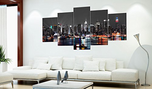 murando Cuadro en Lienzo 200x100 cm New York City Impresión de 5 Piezas Material Tejido no Tejido Impresión Artística Imagen Gráfica Decoracion de Pared - Ciudad Noche Nueva York d-A-0022-b-n