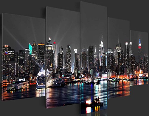 murando Cuadro en Lienzo 200x100 cm New York City Impresión de 5 Piezas Material Tejido no Tejido Impresión Artística Imagen Gráfica Decoracion de Pared - Ciudad Noche Nueva York d-A-0022-b-n