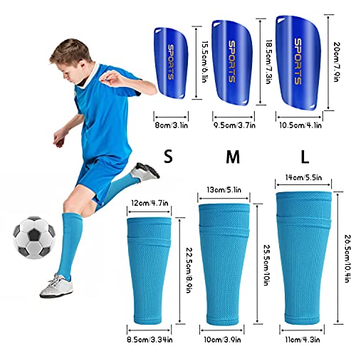 Mzijia Espinilleras de fútbol, Fútbol Espinilleras Calcetines, con Mangas Elásticas Protección Integral Niño Juventud Adulta Partido de Futbol. (Azul, L)