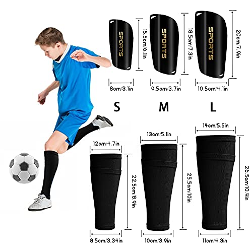 Mzijia Espinilleras de fútbol, Fútbol Espinilleras Calcetines, con Mangas Elásticas Protección Integral Niño Juventud Adulta Partido de Futbol. (Negro, L)