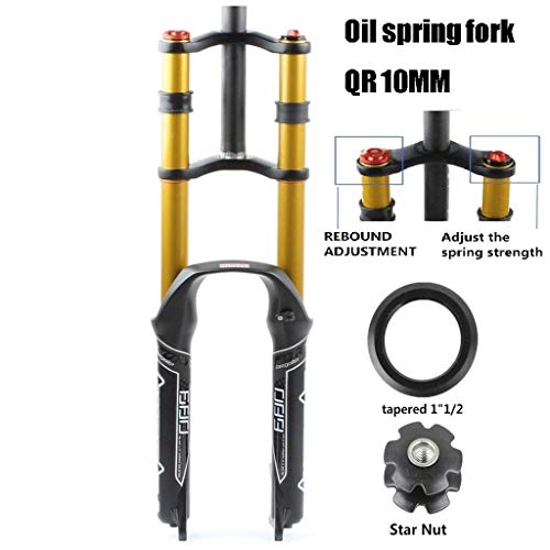 MZP MTB Horquilla Suspensión para Bicicleta 26/27.5/29" DH Hombro Doble Hidráulico Rappel Mojadura Freno Disco Am/FR 1-1/8" 1-1/2" QR Recorrido 130mm (Color : A-Gold, Size : 26in)