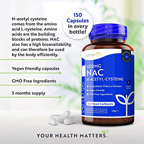 NAC N-acetil-cisteína 600 mg - 150 cápsulas veganas - Suministro de 5 meses de suplemento NAC - Alta biodisponibilidad - Sin rellenos ni aglutinantes sintéticos - Fabricado por Nutravita