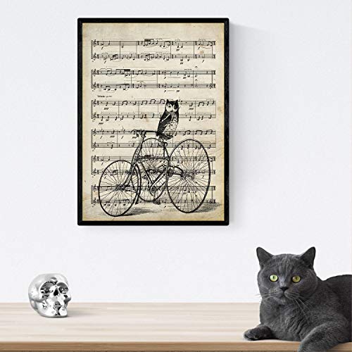 Nacnic Poster de Buho en Bicicleta sobre partitura. Láminas de imágenes con partituras. Diseño de música para el hogar. Tamaño A4 con Marco