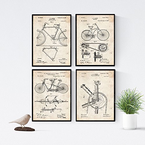 Nacnic Vintage - Pack de 4 láminas con Patentes de Bicicletas 2. Set de Posters con inventos y Patentes Antiguas. Elije el Color Que más te guste. Impreso en Papel de 250 Gramos de Alta Calidad