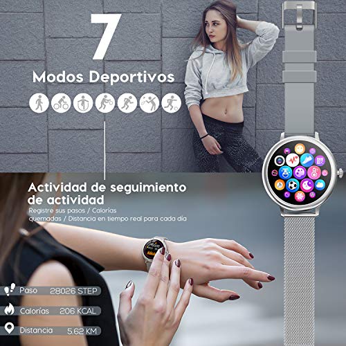 NAIXUES Smartwatch Mujer, Reloj Inteligente Impermeable 67, Monitor de Sueño y Caloría Pulsómetro, 7 Modos de Deportes, Notificaciones Inteligentes, Reloj Deportivo Mujer para Android iOS(Plata)