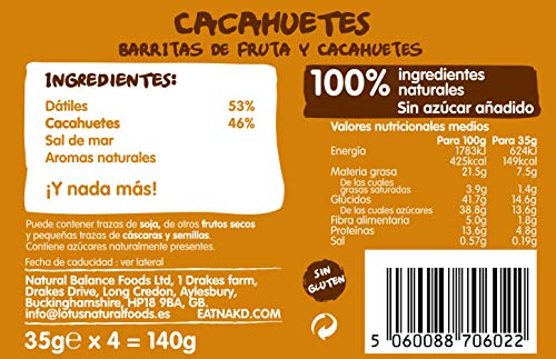 Nakd Barritas De Fruta Y Frutos Secos Cacahuete - Sin Azúcar Añadido - Sin Gluten - Sin Lactosa - Vegano - Pack 18 Barritas X 35 G, Peanut Delight, 630 Gramo