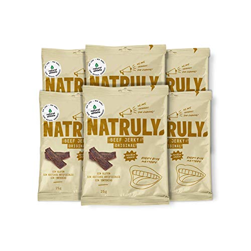 NATRULY Beef Jerky Original, Carne Seca 100% Vacuno, Sin Gluten, Sin Lactosa, Sin Azúcar, Sin Aditivos Artificiales -Pack 6x25g