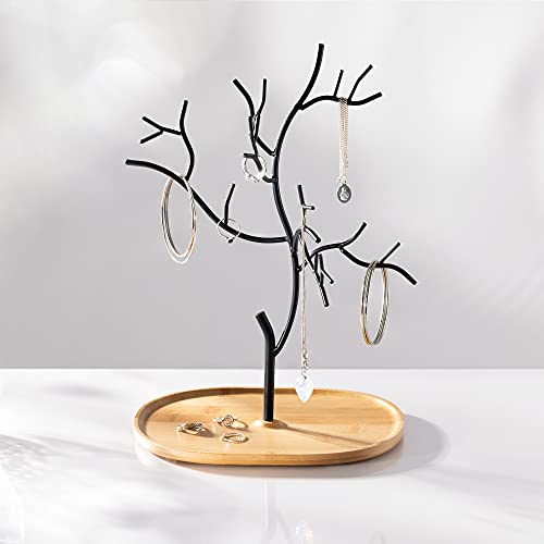 Navaris Árbol Organizador de Joyas de Metal - Soporte para Pendientes con Plato de Madera para Guardar Collares Anillos Pulseras Accesorios