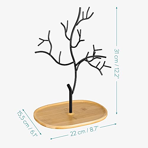 Navaris Árbol Organizador de Joyas de Metal - Soporte para Pendientes con Plato de Madera para Guardar Collares Anillos Pulseras Accesorios