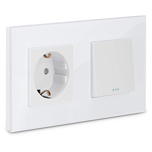 Navaris Enchufe con marco de cristal - Cubierta de 15.5 x 8.5 CM para empotrar en pared - Placa doble de vidrio para enchufes Schuko tipo F - Blanco