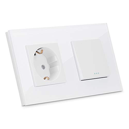 Navaris Enchufe con marco de cristal - Cubierta de 15.5 x 8.5 CM para empotrar en pared - Placa doble de vidrio para enchufes Schuko tipo F - Blanco