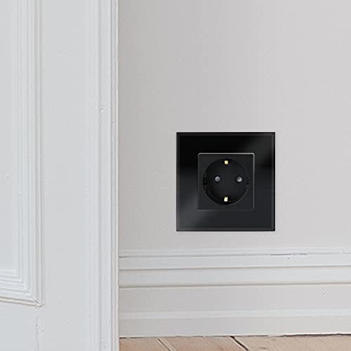 Navaris Enchufe con marco de cristal - Enchufe Schuko tipo F para empotrar - Placa de vidrio empotrable en pared con diseño elegante - Negro