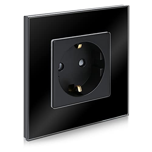 Navaris Enchufe con marco de cristal - Enchufe Schuko tipo F para empotrar - Placa de vidrio empotrable en pared con diseño elegante - Negro